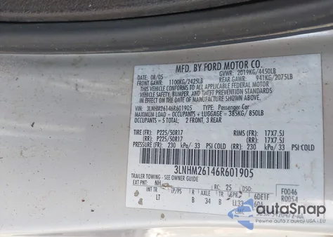 2006 Lincoln Zephyr z USA, uszkodzony, nr VIN 3LNHM26146R601905